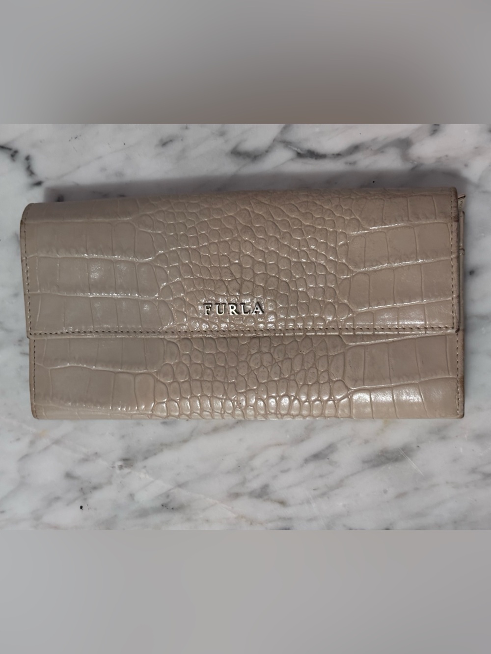 Furla Croc-Embossed Leather Wallet in Beige